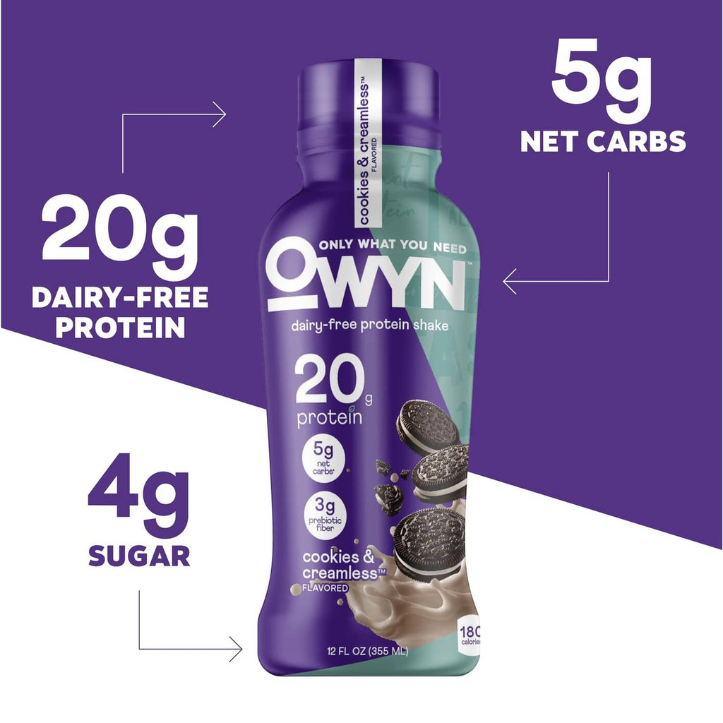 OWYN 12 fl oz dairy-free protein shake bottle, 20g protein, cookies & creamless