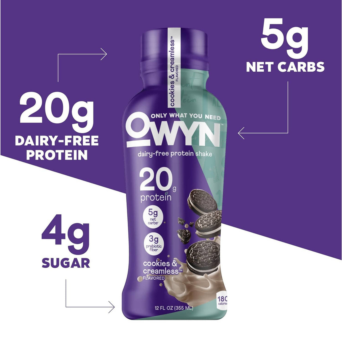 OWYN 12 fl oz dairy-free protein shake bottle, 20g protein, cookies & creamless