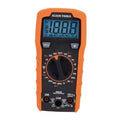 Digital multimeter with orange and black body, LCD display, rotary dial, and probe ports.