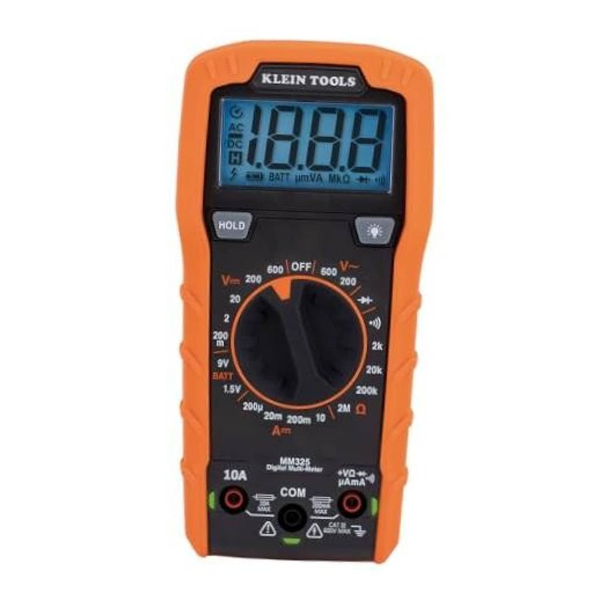 Digital multimeter with orange and black body, LCD display, rotary dial, and probe ports.