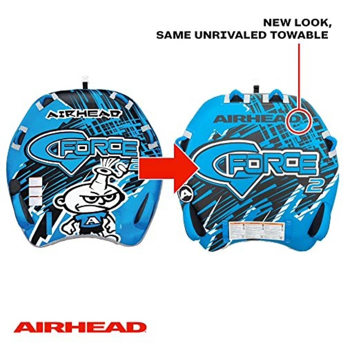 Pair of blue AIRHEAD towable tubes for 1-2 and 2 riders, shown side-by-side
