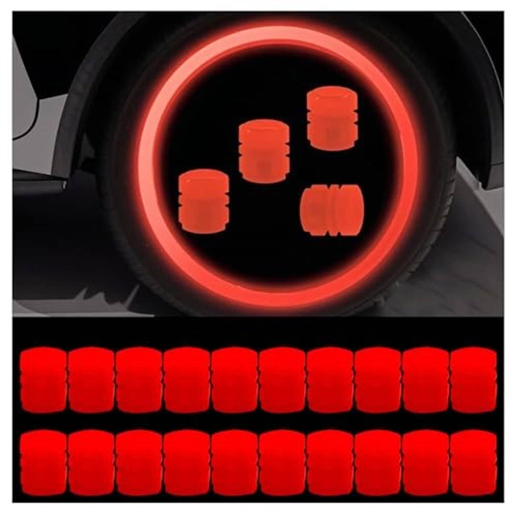 Red glowing tire valve caps displayed in rows, universal car valve caps set of 20