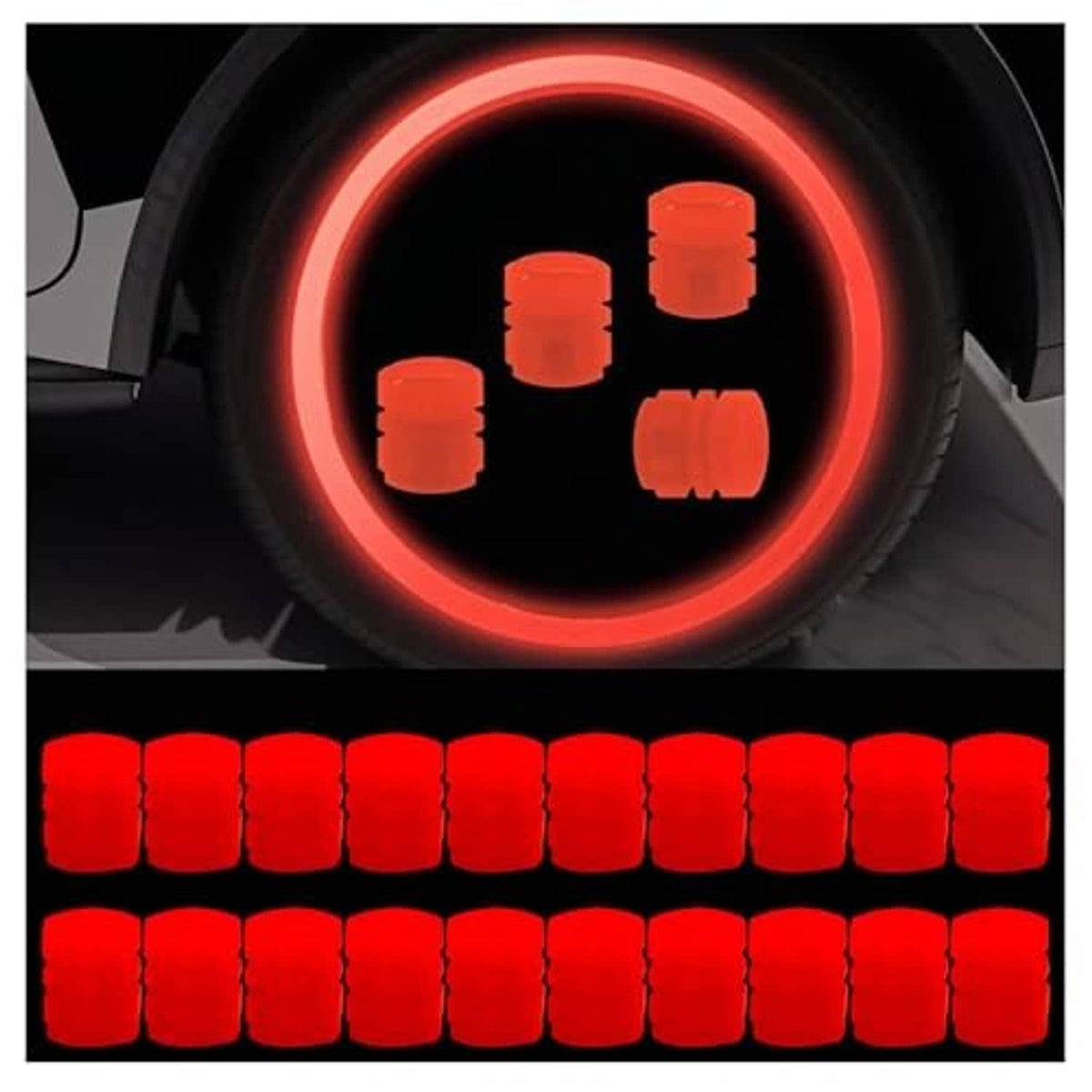 Red glowing tire valve caps displayed in rows, universal car valve caps set of 20