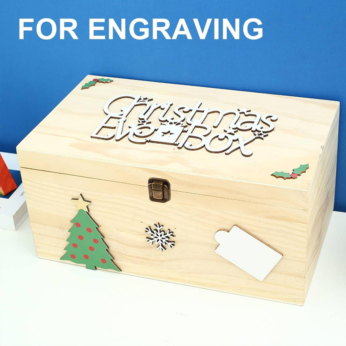 Unfinished wooden box with hinged lid and metal clasp, engraved holiday lettering on top.