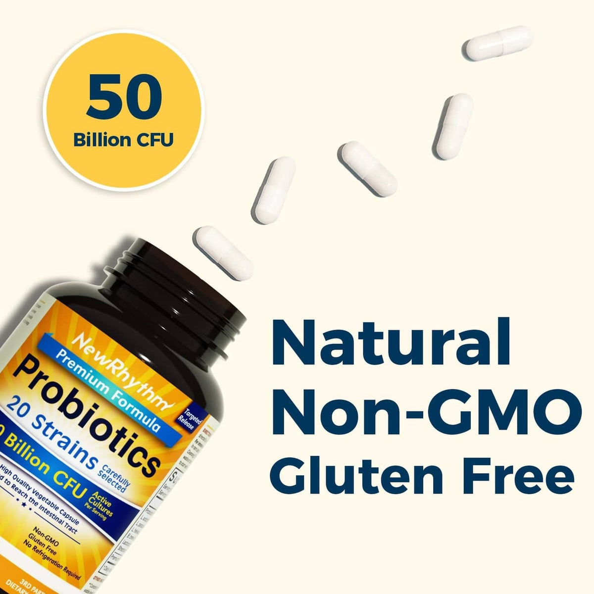 NewRhythm Probiotics bottle with capsules and Natural Non-GMO Gluten Free label