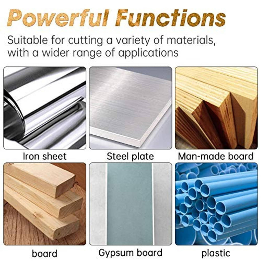 Hole saw cutting compatibility graphic for iron sheet, steel plate, wood, gypsum, plastic.
