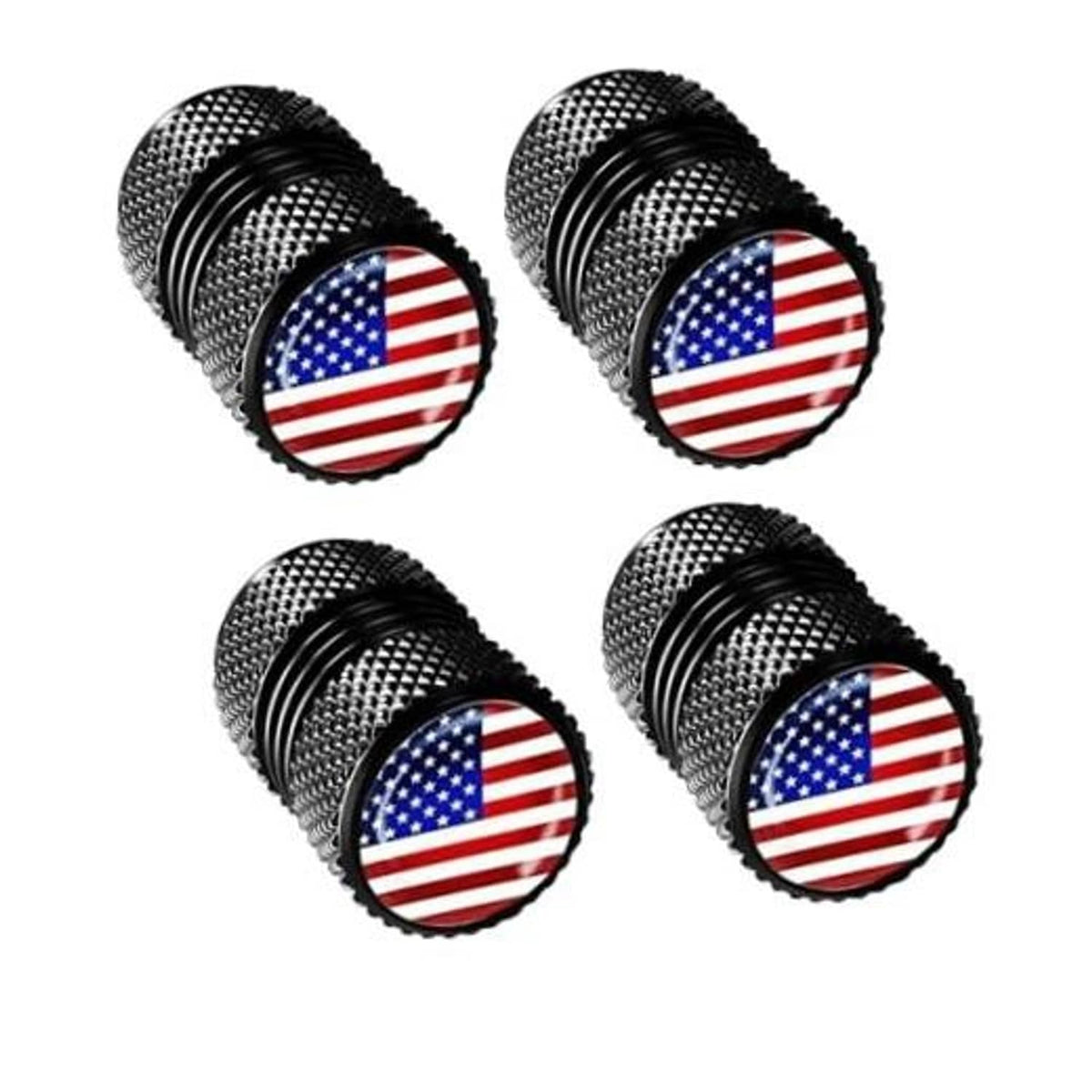 Set of four black knurled metal tire valve stem covers with round US flag tops