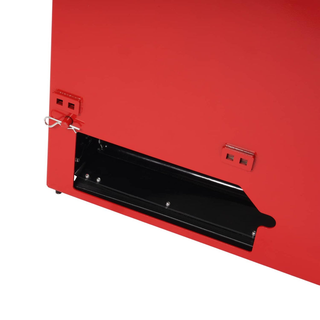 Red catcher frame with black discharge chute and latch points