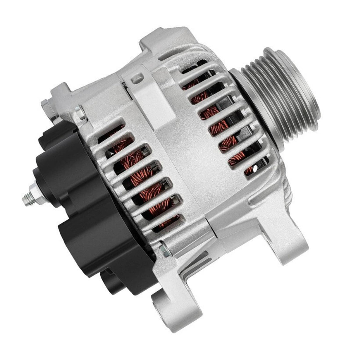 Silver alternator with ribbed pulley and black side connector, rear 3/4 view
