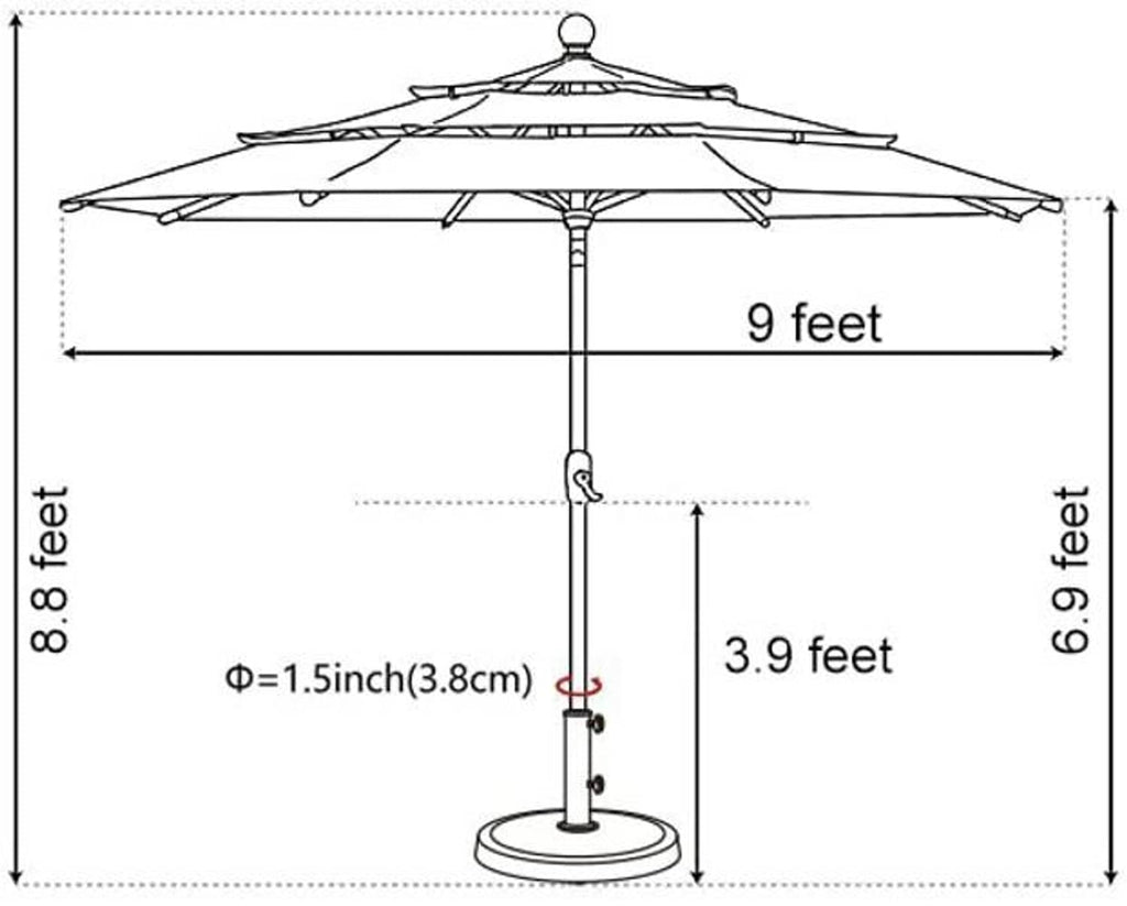 Market patio umbrella size diagram showing 9 ft height and 9 ft width.