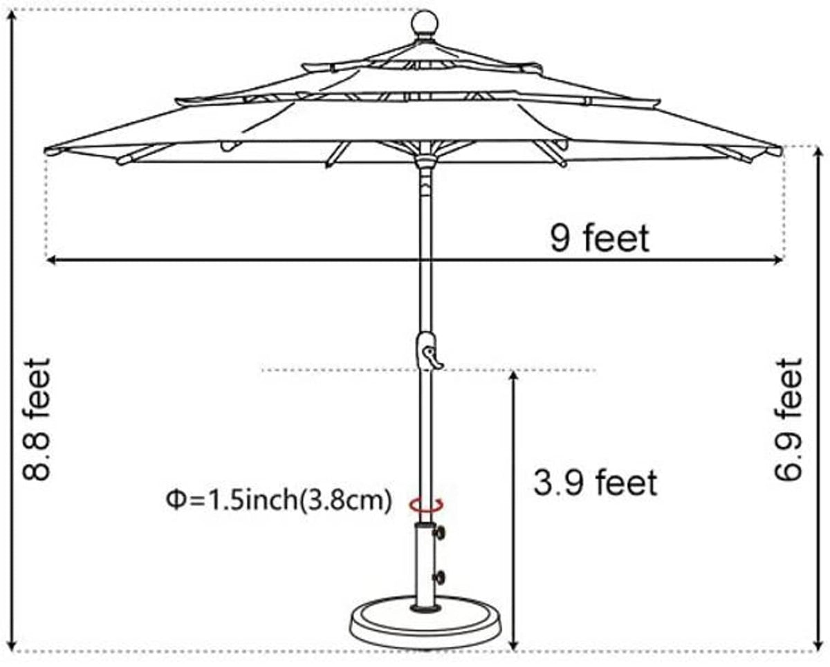 Market patio umbrella size diagram showing 9 ft height and 9 ft width.
