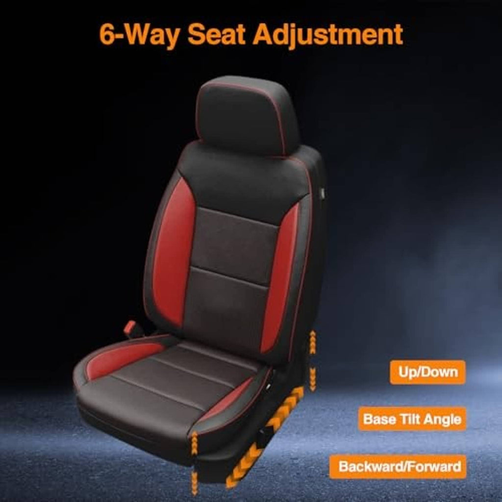 Upholstered car seat cushion with red side inserts and black adjustment control area