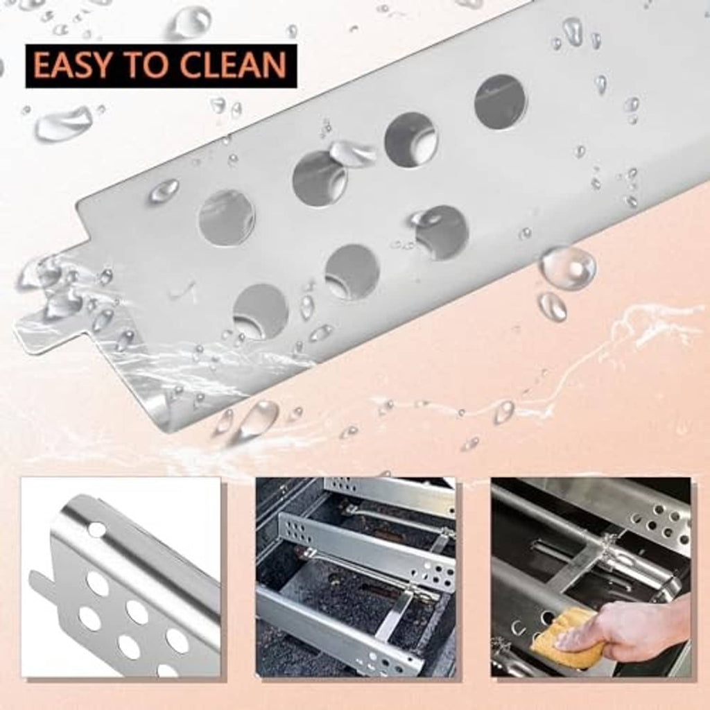 Perforated stainless heat shield with water droplets, easy-clean replacement part