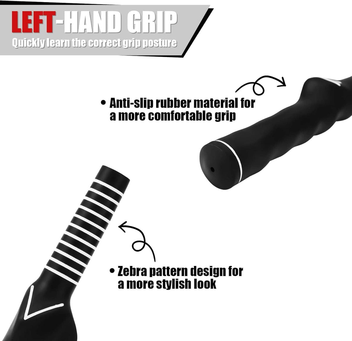 Left-handed golf training grip with black anti-slip rubber texture and zebra stripe pattern.