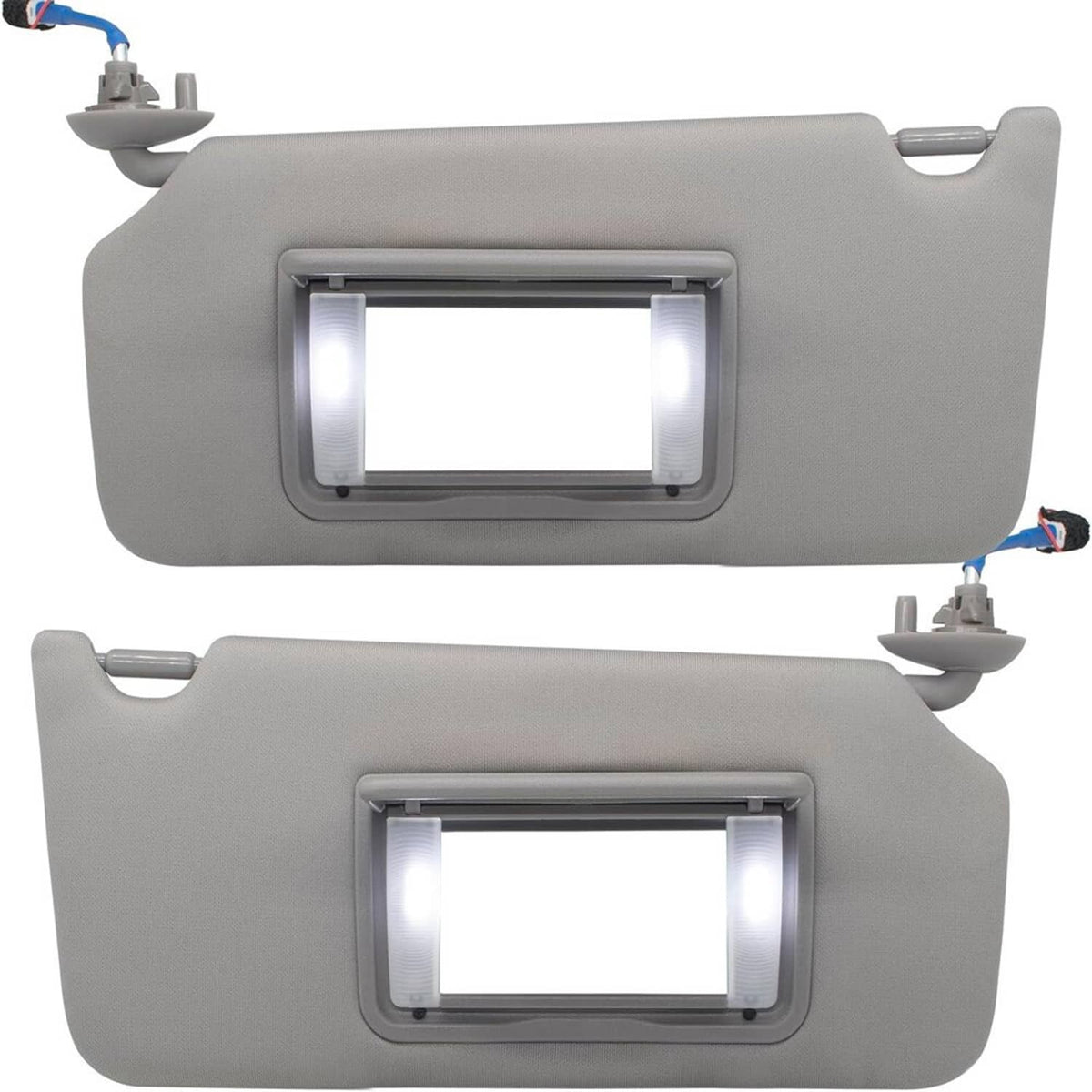 Pair of gray car sun visors with illuminated LED light windows and mounting connectors