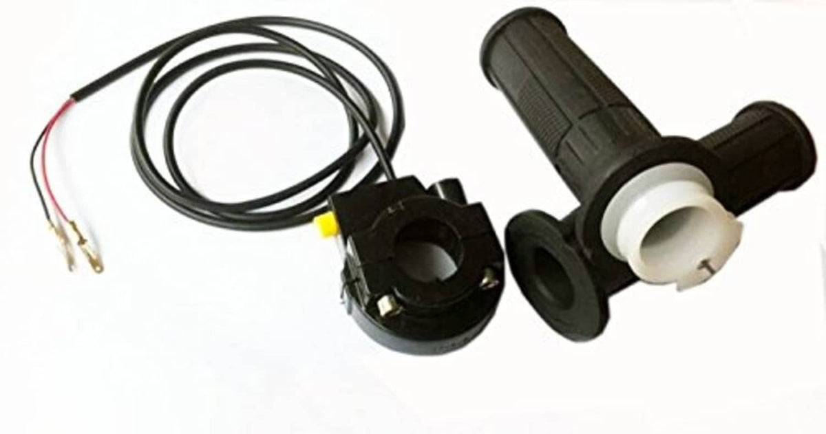 Bicycle throttle and kill switch assembly with rubber grip, wiring harness, and black housings