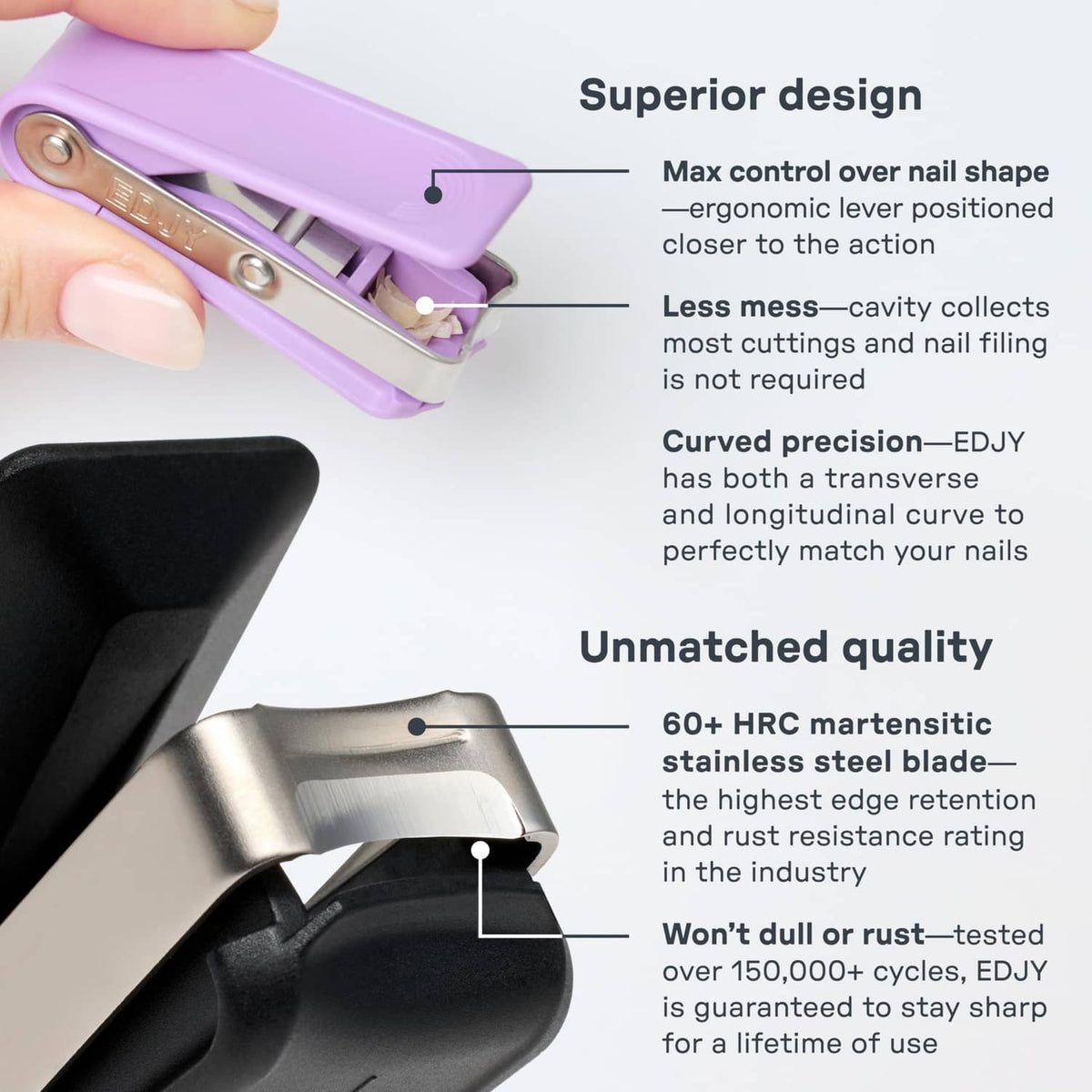 Purple fingernail cutter open view showing internal blade and control lever detail