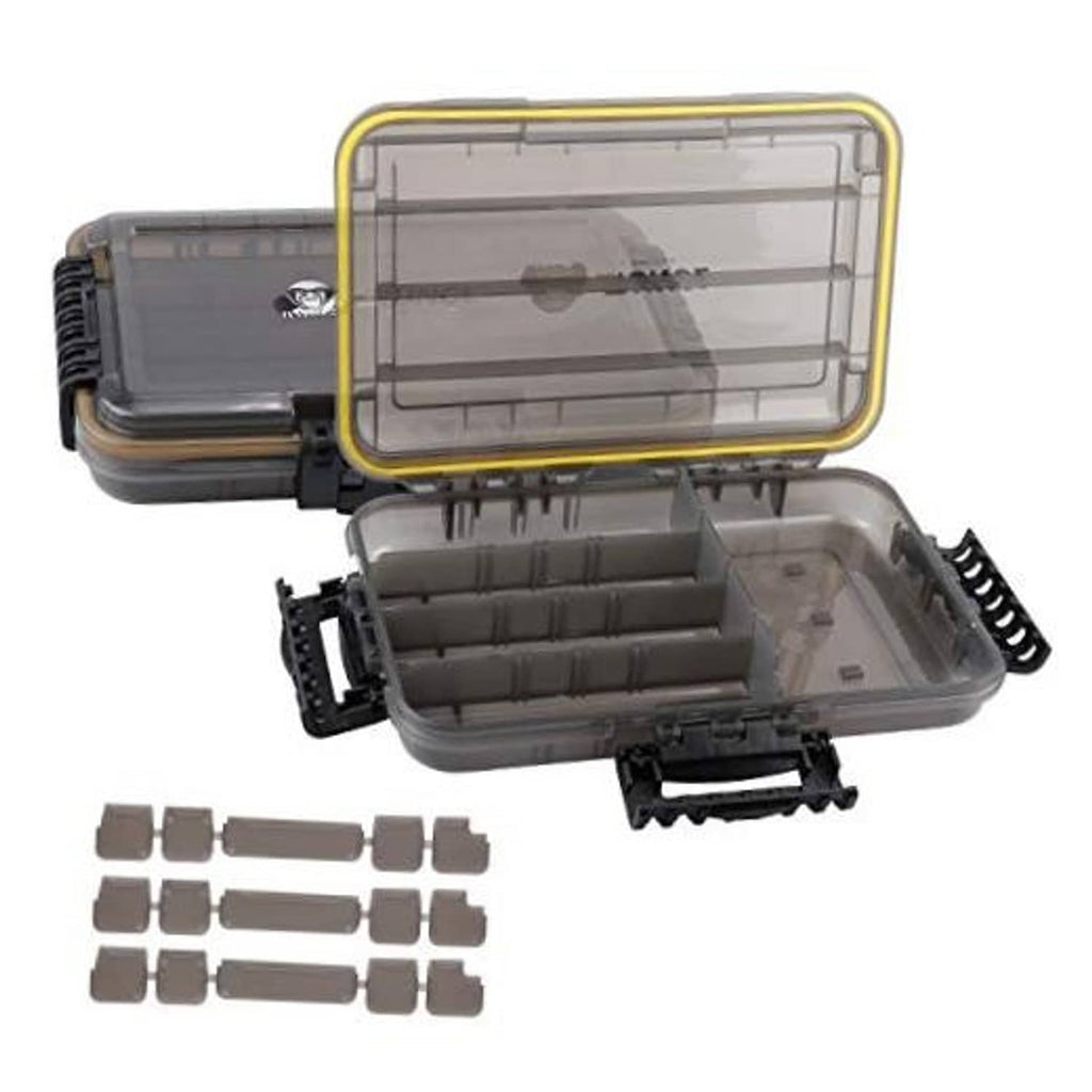 Gray tackle box open with interior dividers and spare divider pieces beside