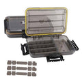 Gray tackle box open with interior dividers and spare divider pieces beside