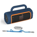 Blue silicone speaker cover with orange edge, molded handle and side openings