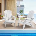 Set of 2 white folding Adirondack patio chairs with slatted seats and armrests
