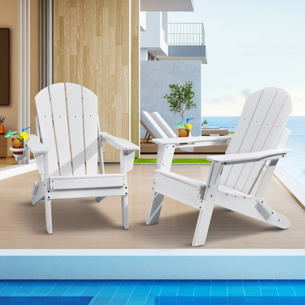 Set of 2 white folding Adirondack patio chairs with slatted seats and armrests