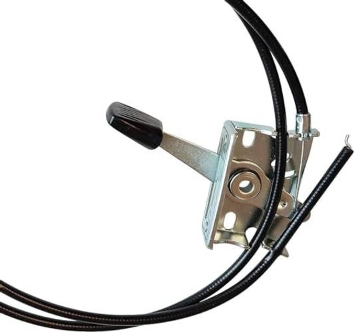 Metal throttle cable mount with black outer wires and control lever