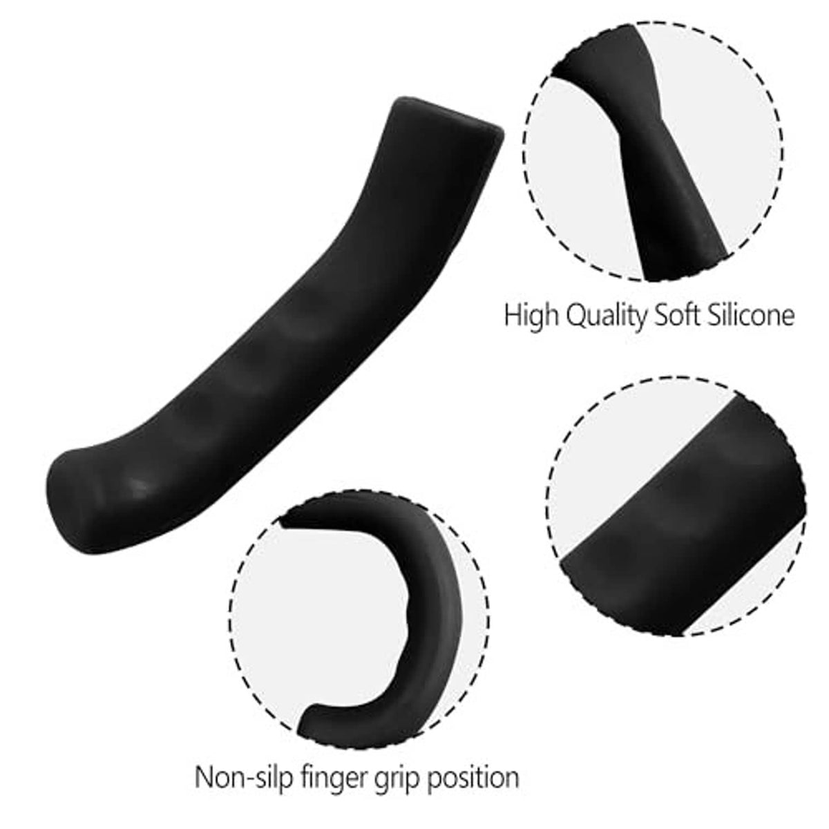 Black silicone brake lever grip cover with non-slip finger-grip area, curved sleeve