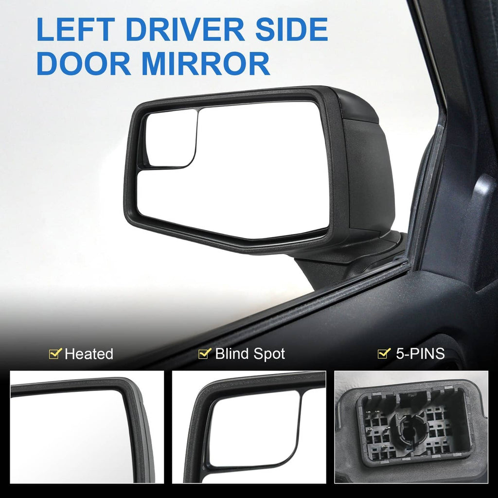 Black driver-side door mirror housing with rectangular glass and mounted base