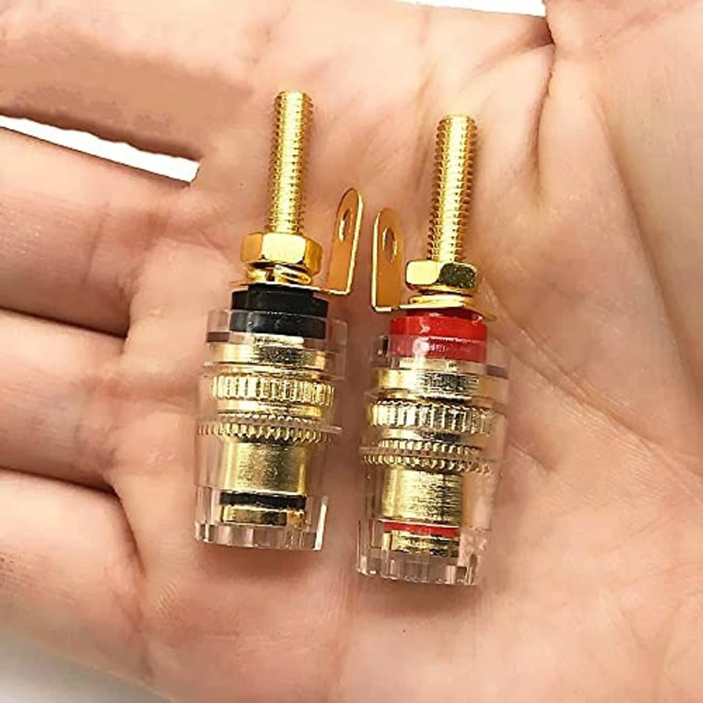 Gold plated banana plug binding posts on hand, black and red insulators