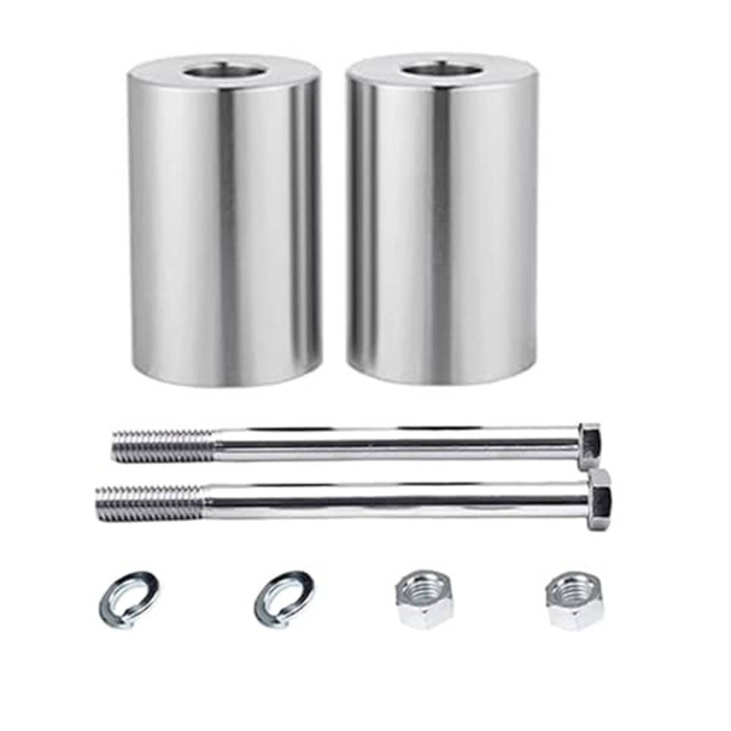 Two chrome riser spacers with two long bolts and washers in a kit