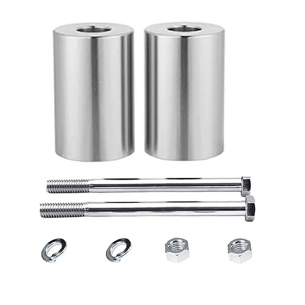 Two chrome riser spacers with two long bolts and washers in a kit