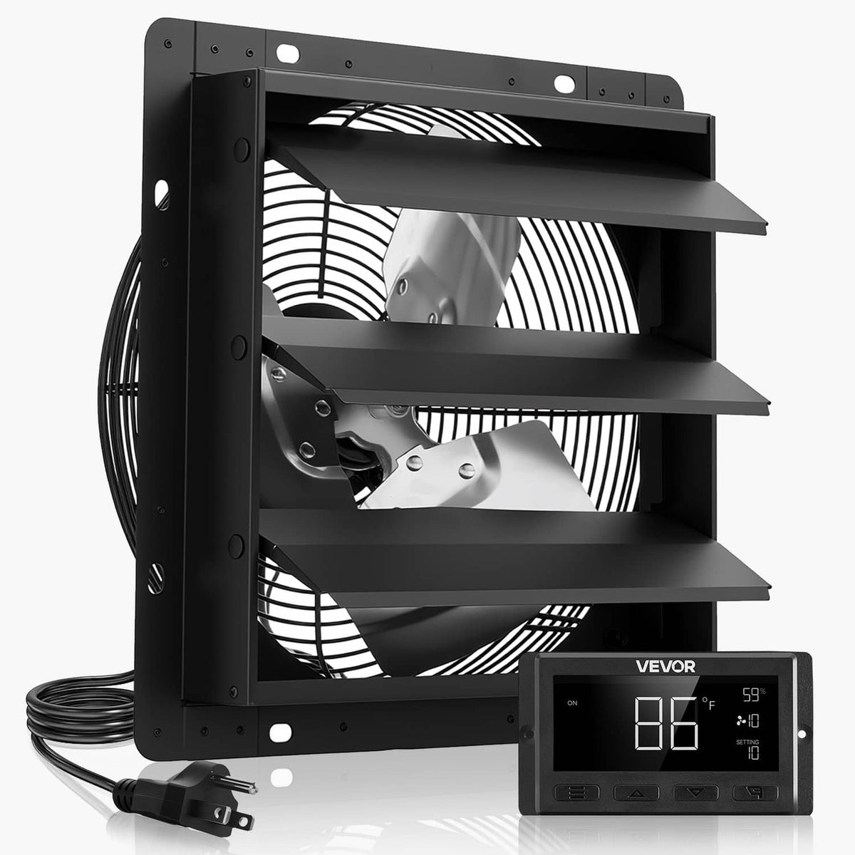 Black wall-mount shutter exhaust fan with power cord and digital smart controller