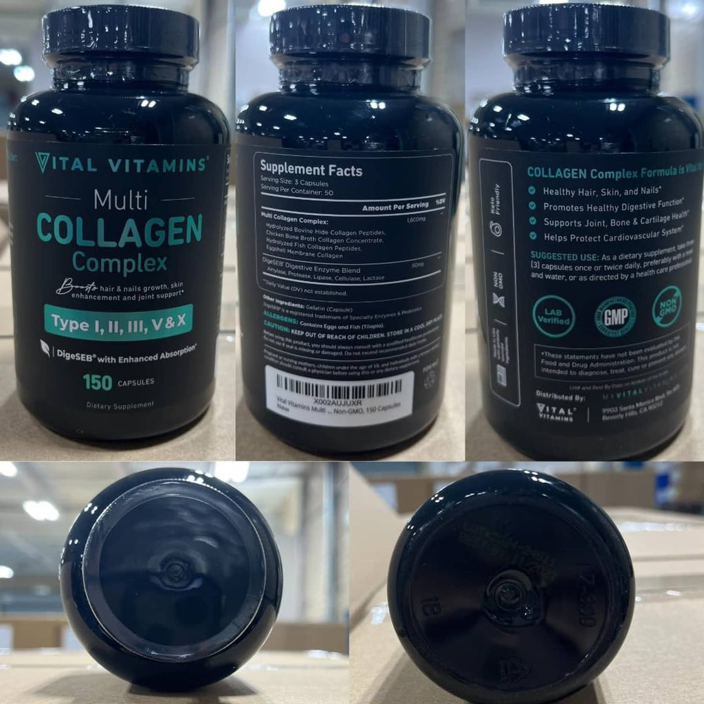 Multi-angle views of black Multi Collagen Complex supplement bottle, front and back