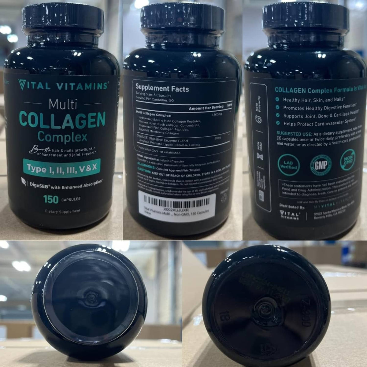 Multi-angle views of black Multi Collagen Complex supplement bottle, front and back