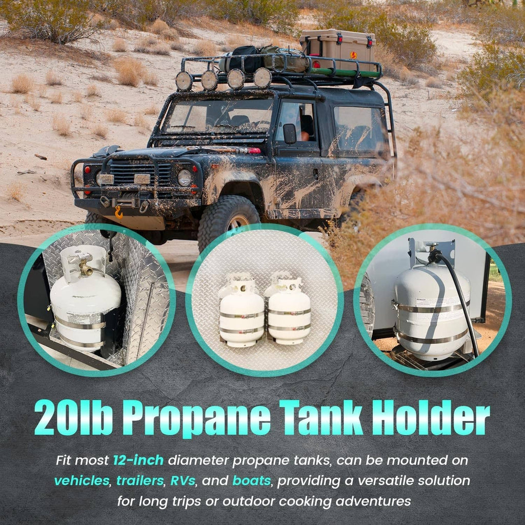 Propane tank holder compatibility showing bracket with propane tanks and regulator.