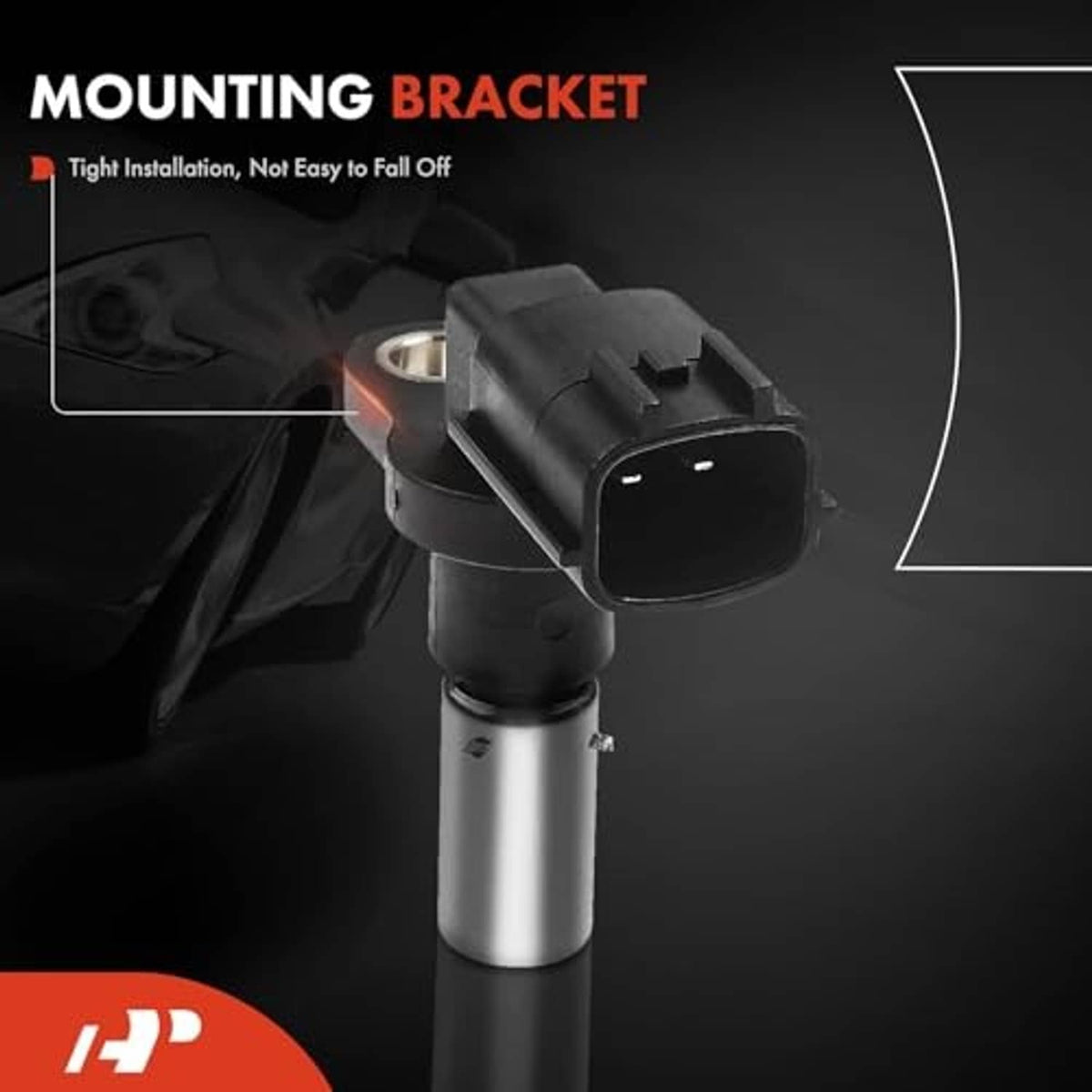 Crankshaft position sensor with black connector and silver body on mounting bracket