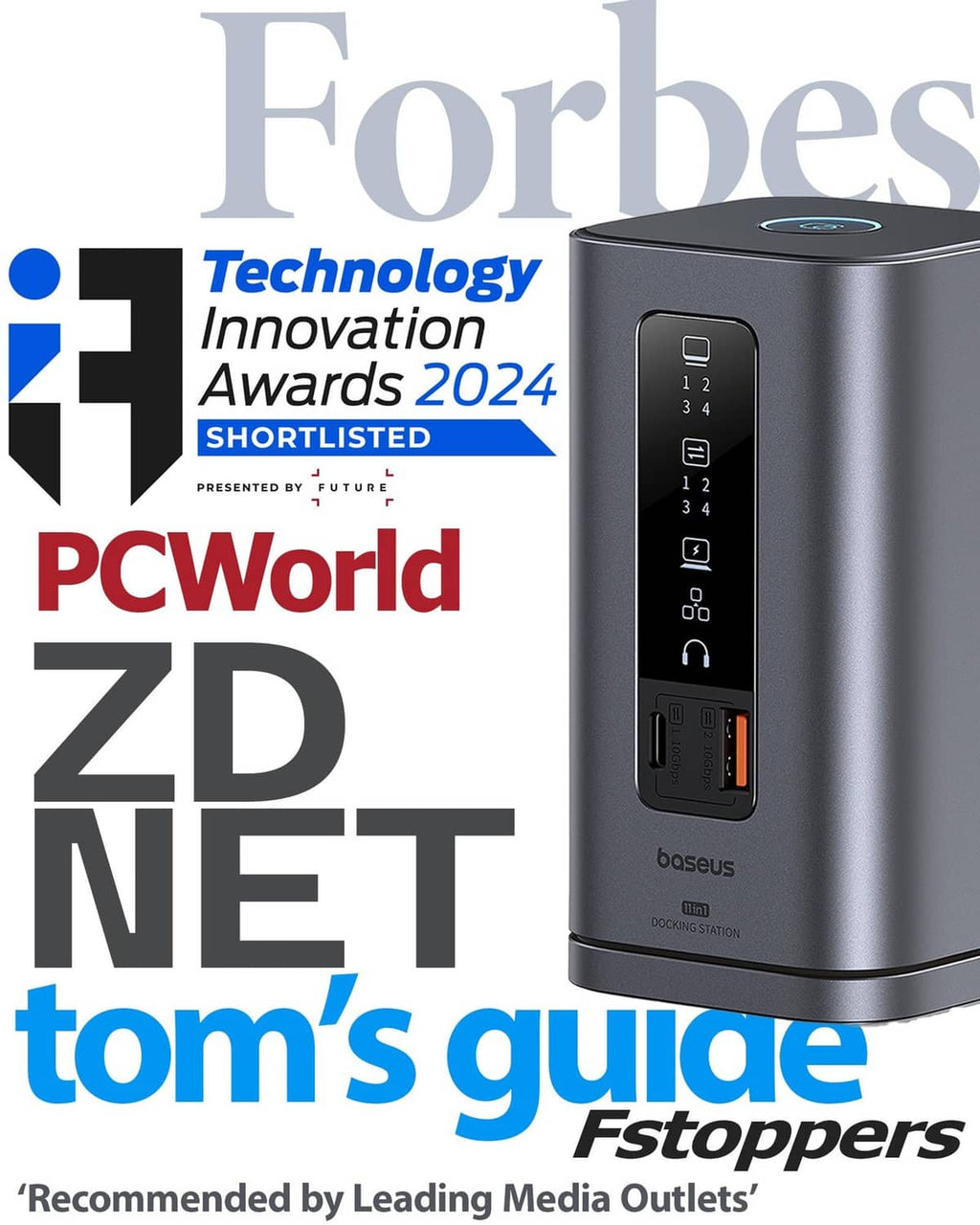 Space grey docking station with front port labels and compact design