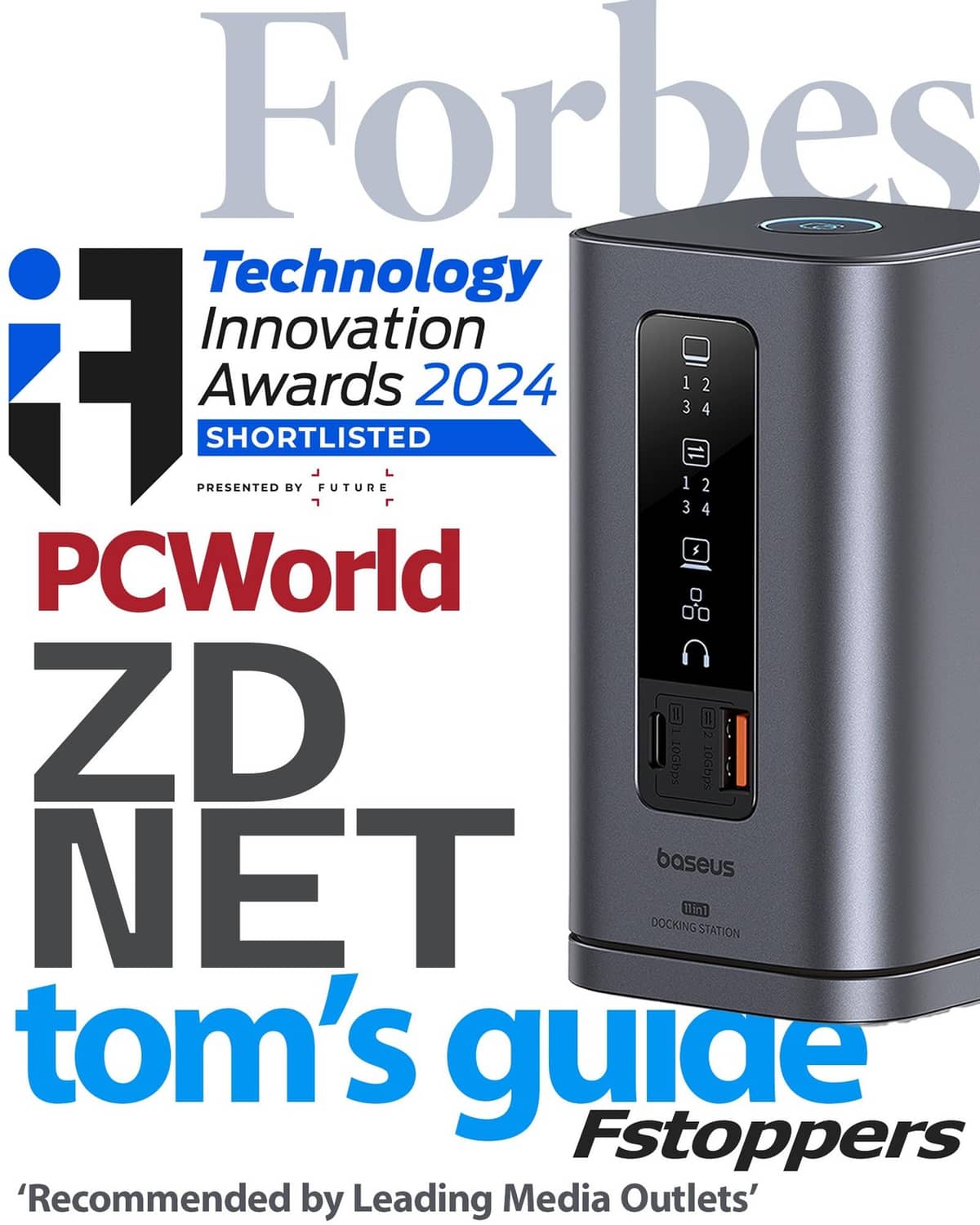 Space grey docking station with front port labels and compact design