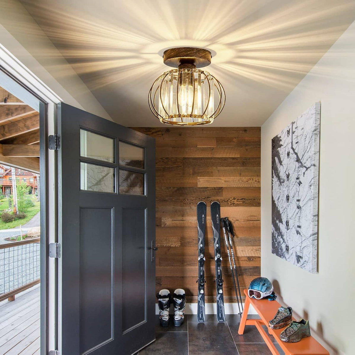 Oil-rubbed bronze semi-flush crystal ceiling light with spherical wire frame and clear glass