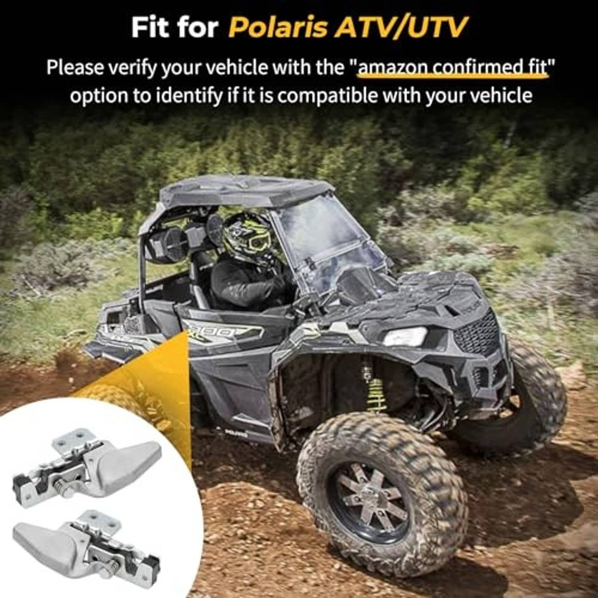 Door latch lock kit for Polaris ATV/UTV, shown on an off-road UTV