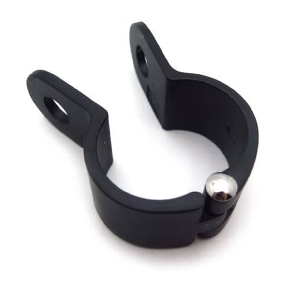 Black motorcycle footpeg clamp, U-shaped ring with chrome mounting stud