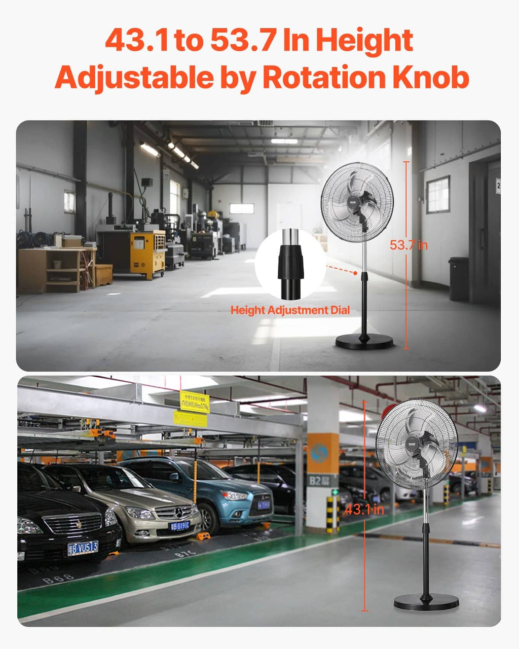 Height-adjustable pedestal fan with rotation height dial on the stand