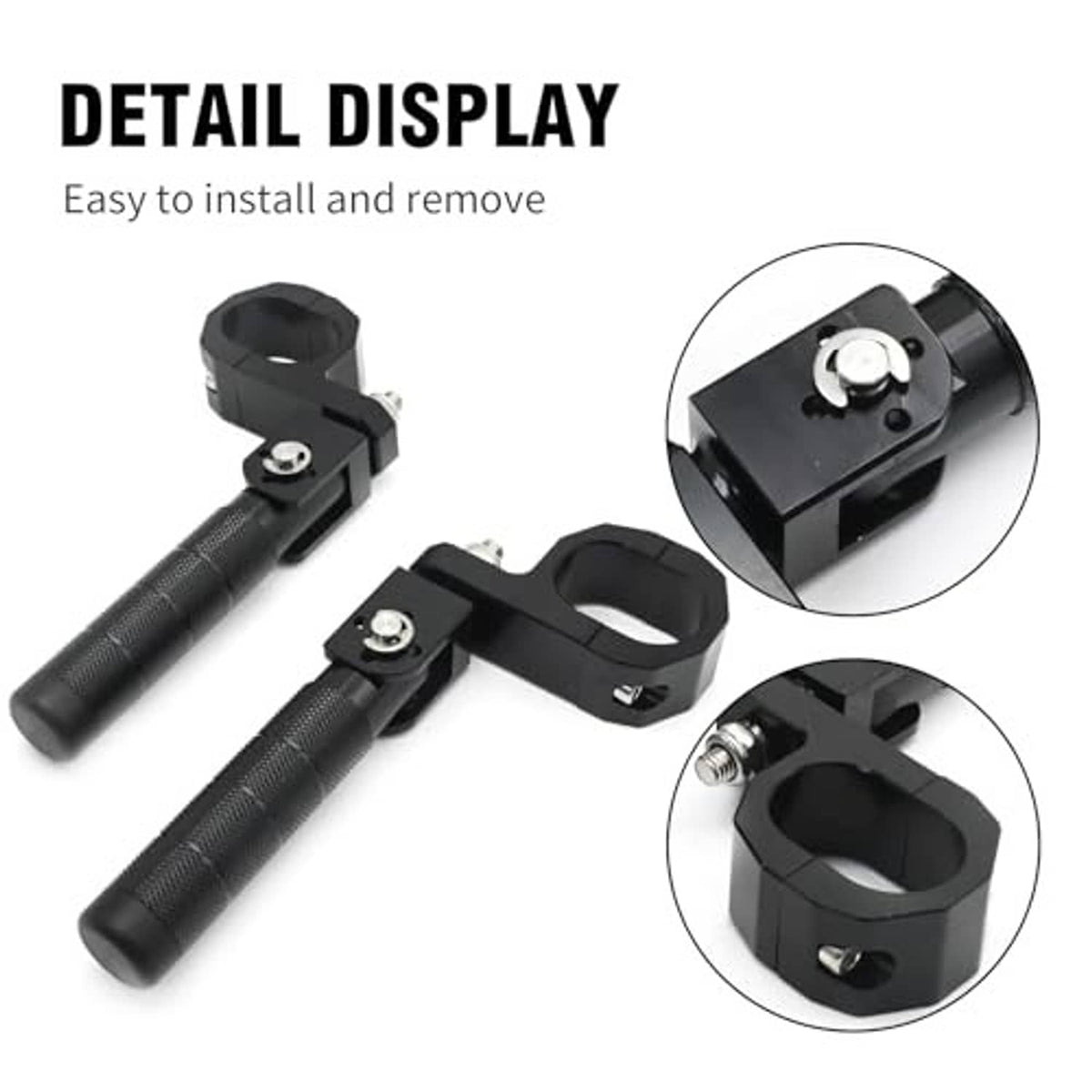 Black motorcycle rear foot pegs with textured grips, bolts, and close-up mounting details