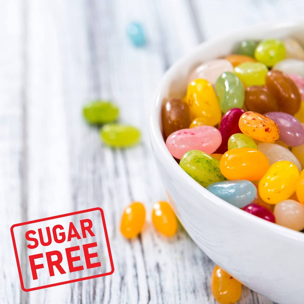 Bowl of assorted sugar-free jelly beans with red 'Sugar Free' label