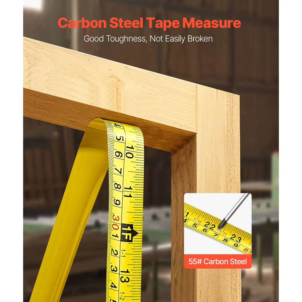 Retractable tape measure with yellow tape extended to measure wood boards.