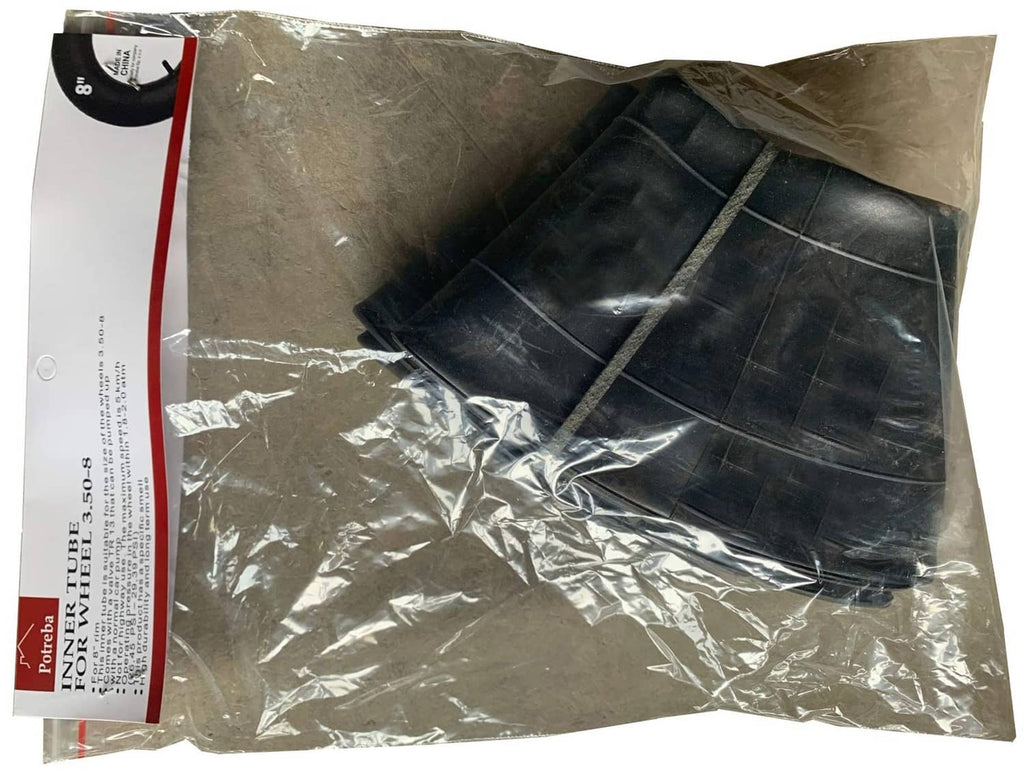 Black inner tube packaged in clear plastic bag with product tag