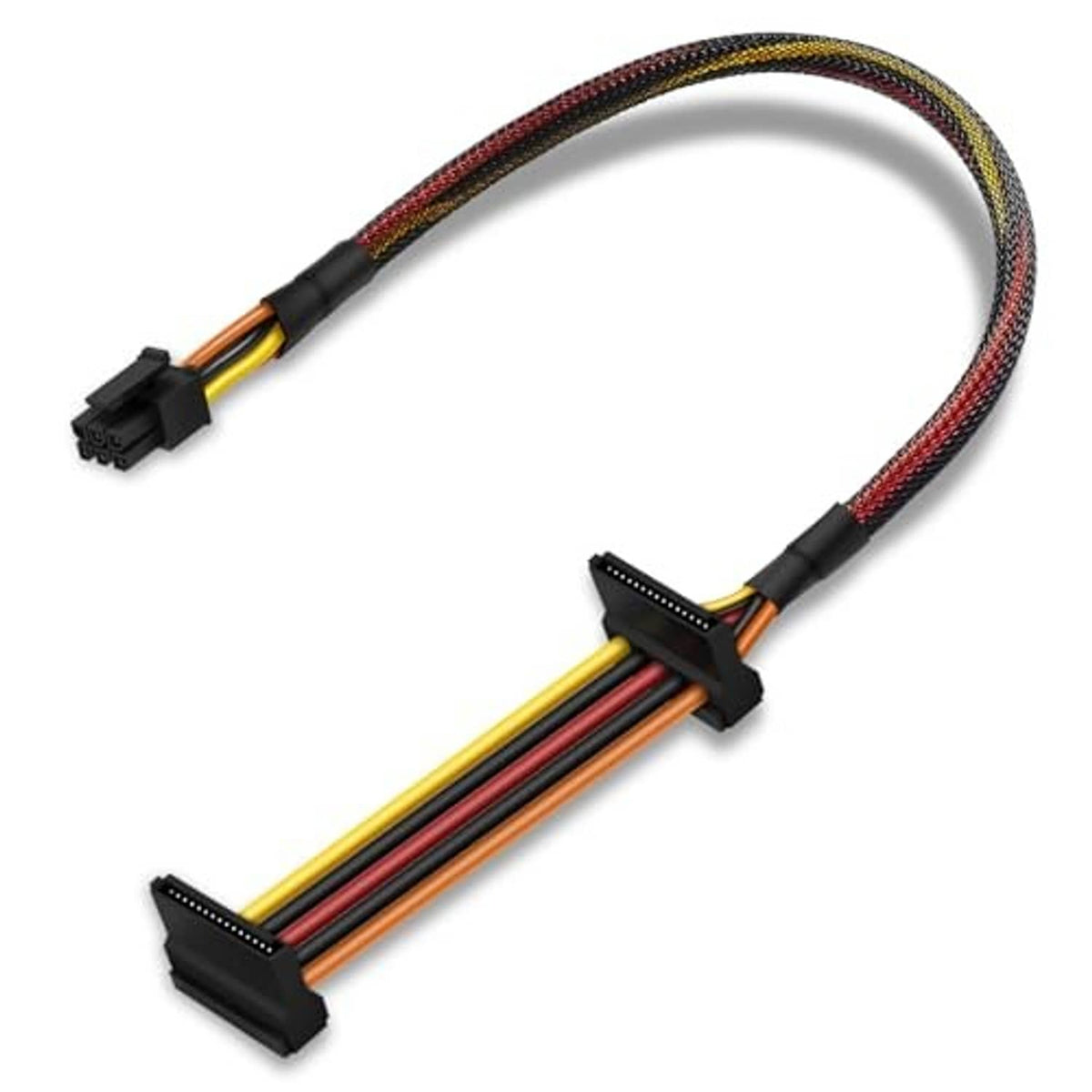 SATA power adapter cable with two black connectors and braided red-yellow wire harness