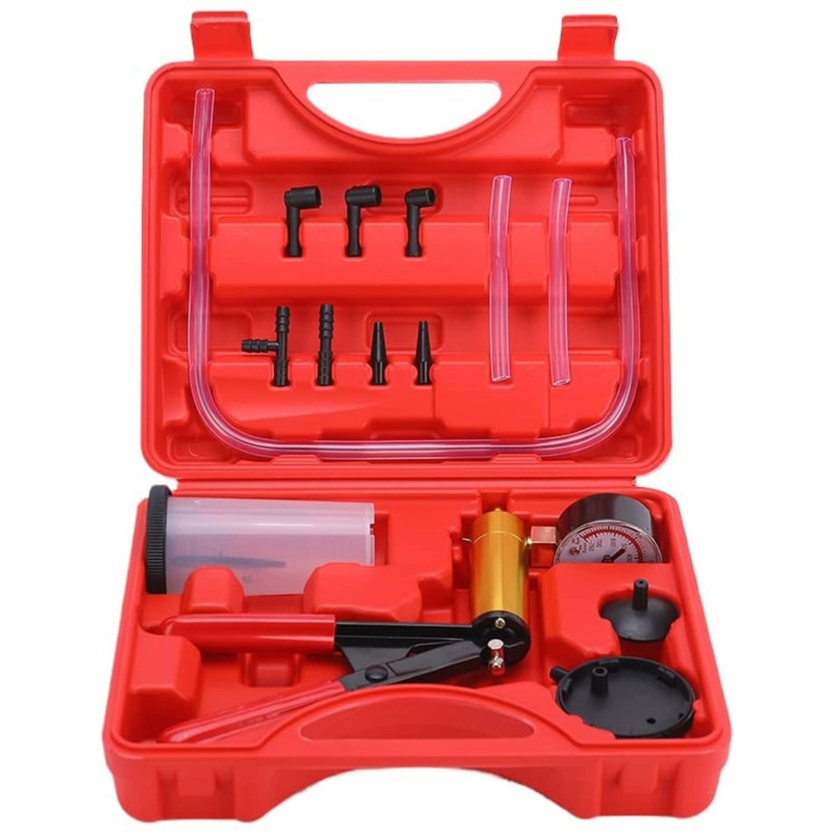 Red vacuum pump kit case with adapter set, clear tubes, and pressure gauge