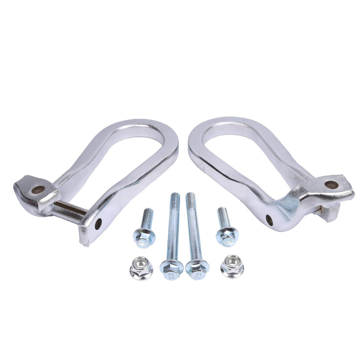 Pair of chrome tow hooks with mounting plates and included bolts and nuts